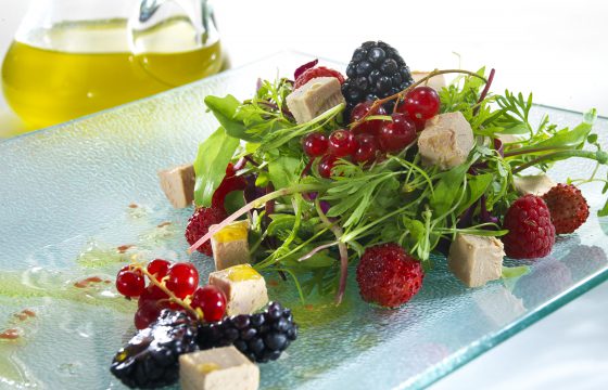 Salat mit halbgegarter Gänseleberpastete und Waldbeeren