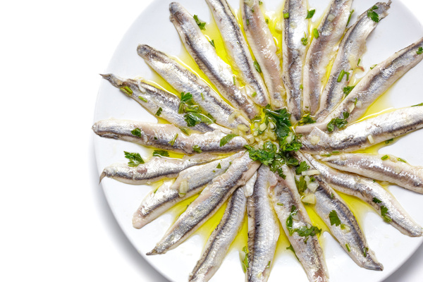 Köstliche marinierte Sardellen mit Petersilie, Olivenöl und Essig isoliert auf weißem Hintergrund